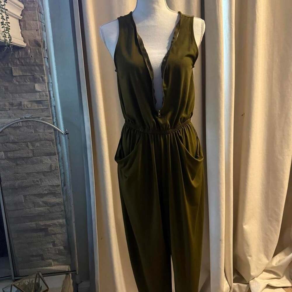 Olive Green Utility Jumpsuit Sleeveless Deep V Zip Front